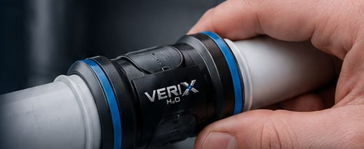 Installer holding a VERIXX H2O fitting on pipe